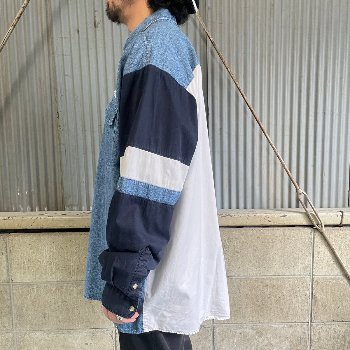  JEANS ラガーシャツ ネイビー L ビンテージ M2393 ヴィンテージコットンラガーシャツ(F グレー/アイボリー