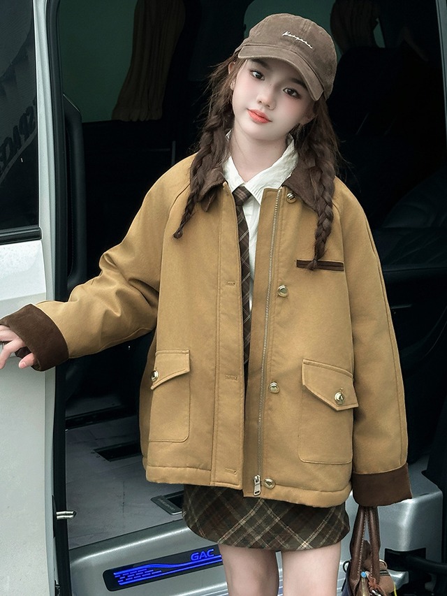 女の子 冬アウター 厚手ジャケット カーキ 大人かわいいシンプルコート 小学生高学年 中学生 通学・お出かけにぴったり 2025・2026AW