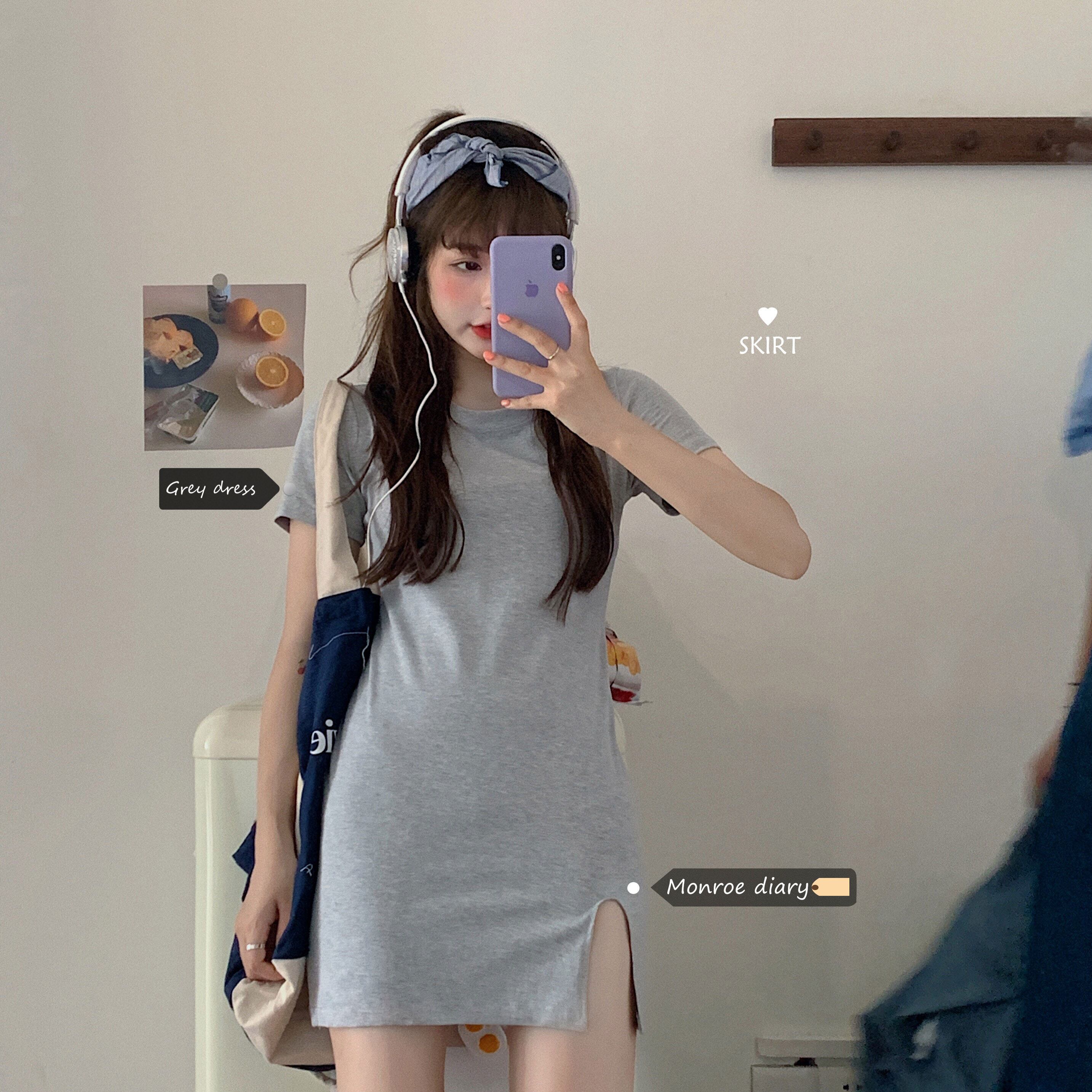 グレーTシャツ スカート サマースリム薄手ショートドレス 夏物 モンロー7743940