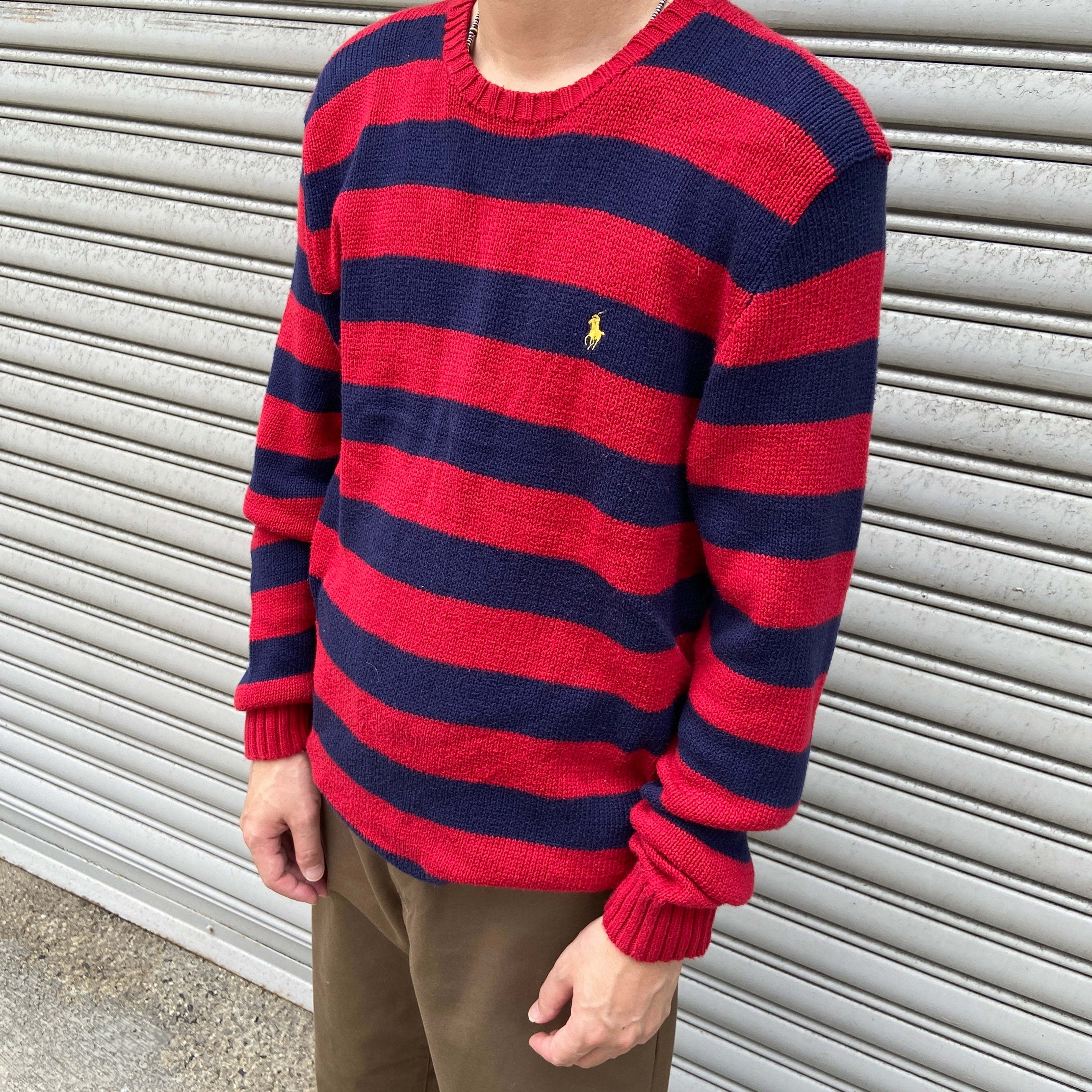 90s Ralph Lauren ボーダー柄コットンニット セーター☆赤 紺 M | 古着 