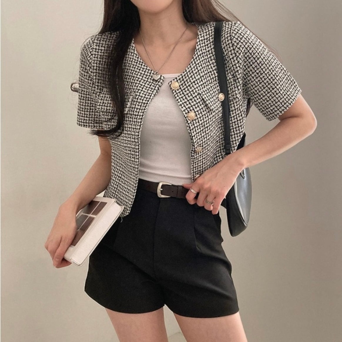 ツイードラウンドネックショートスリーブジャケット