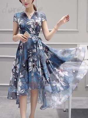 ★送料無料★13号（XＬ）☆花柄シフォン不規則ワンピ－ス(OPN6743) 