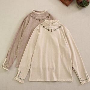 フリルネック 長袖 刺繍 カットソー  2col 1071