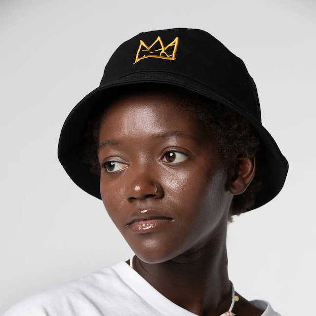 Basquiat "Crown" Embroidered Bucket Hat, Black
