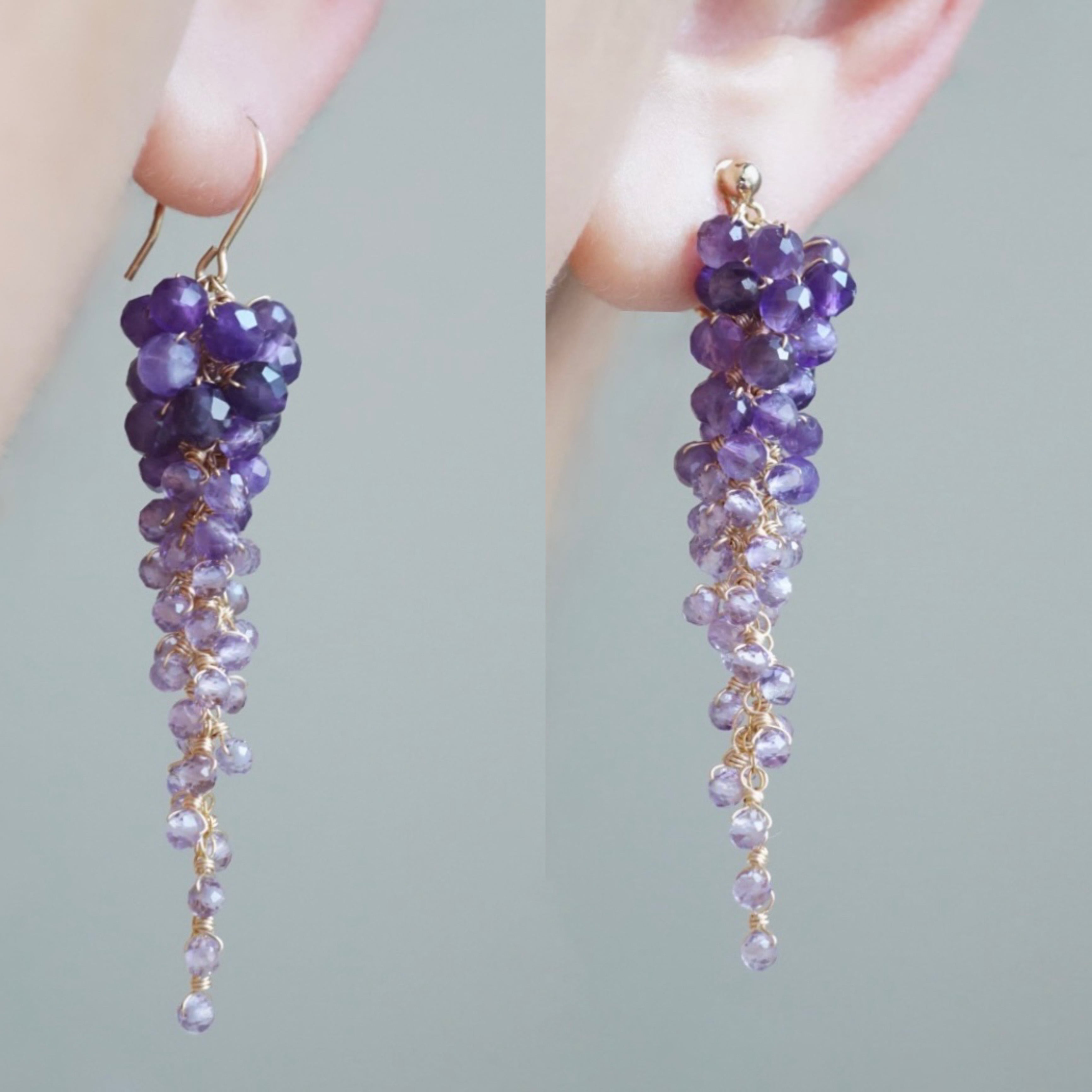 藤の花」アメジスト 天然石 誕生石 14kgf ピアス イヤリング 紫