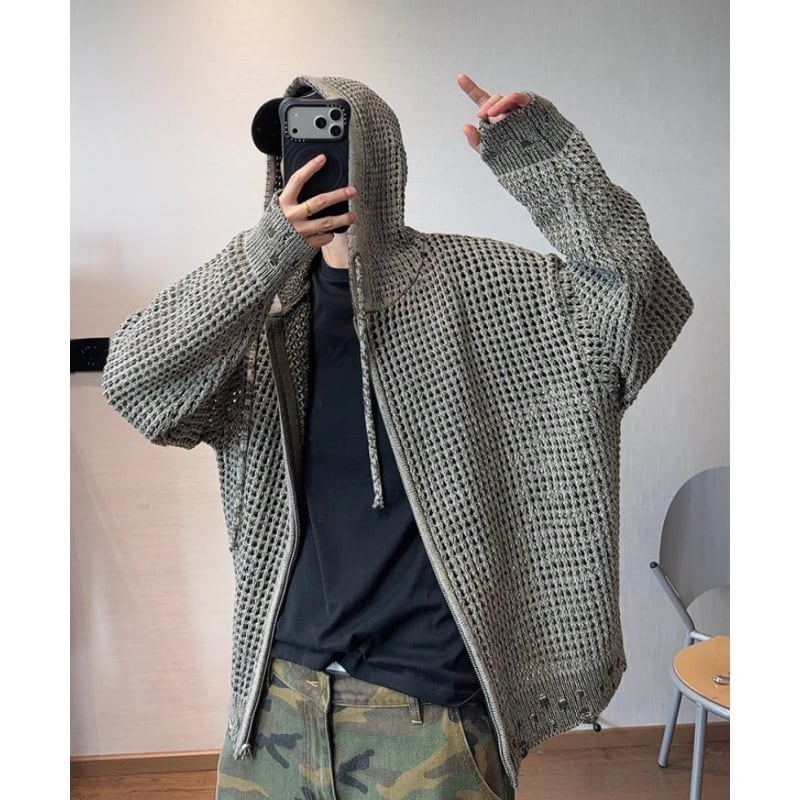 dannyandzeeホール編みフーディーニット