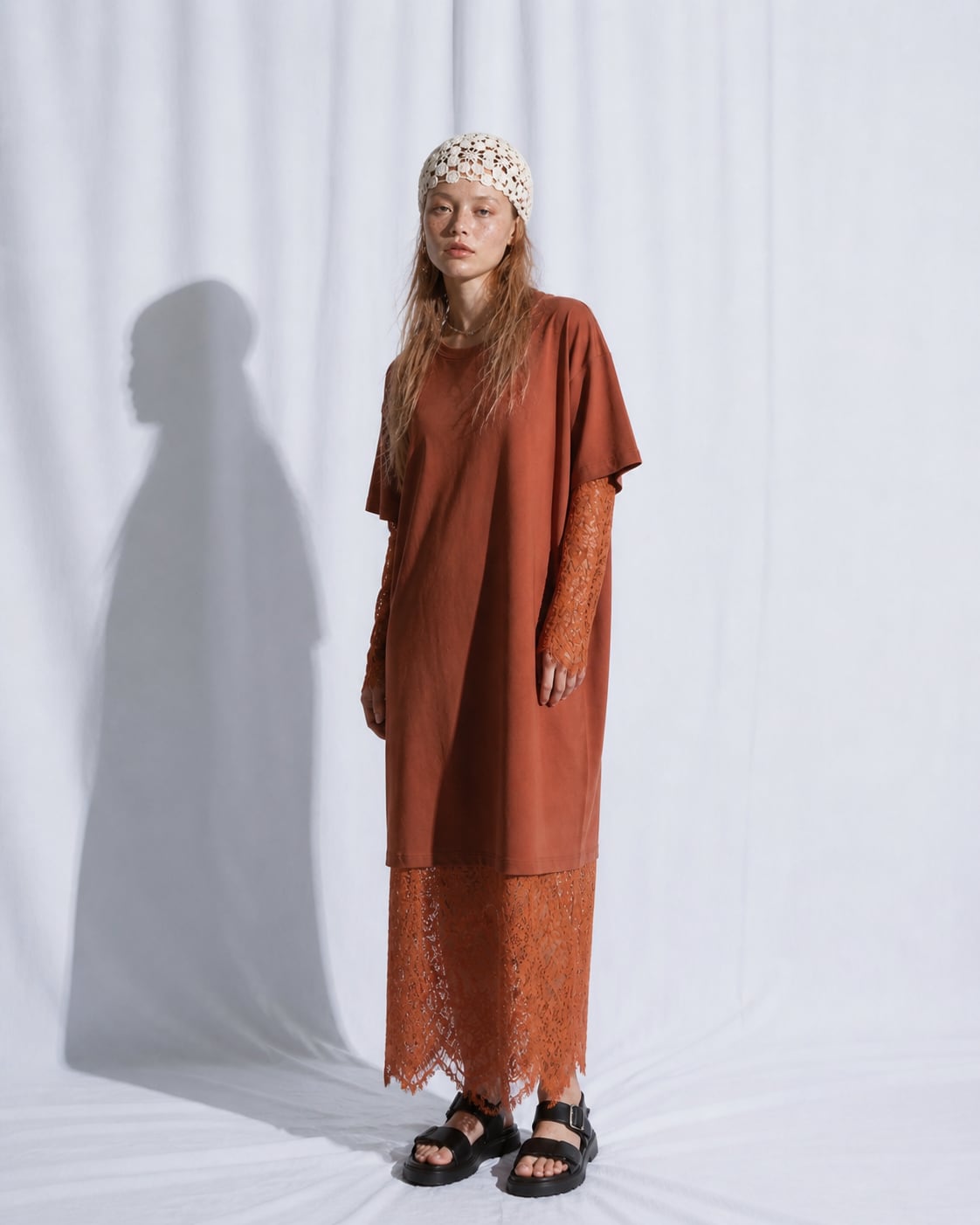 残り4点|Lace Layered T-Shirt Dress/Cinnamon