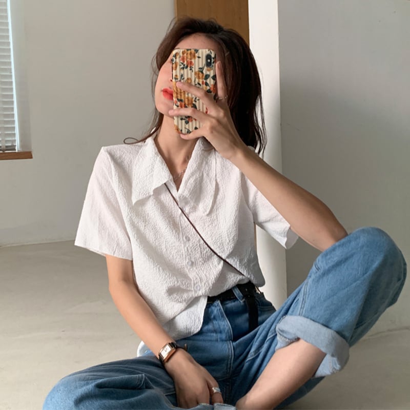 ホワイトシャツ サマーカラープリーツルーズ薄手ブラウス 大人ガーリー スウィート キュート カジュアル 夏物 萌量不足68715689080