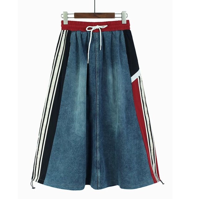 DRAWSTRING WAIST SIDE LINED A-LINE DENIM SKIRT 3colors M-8491