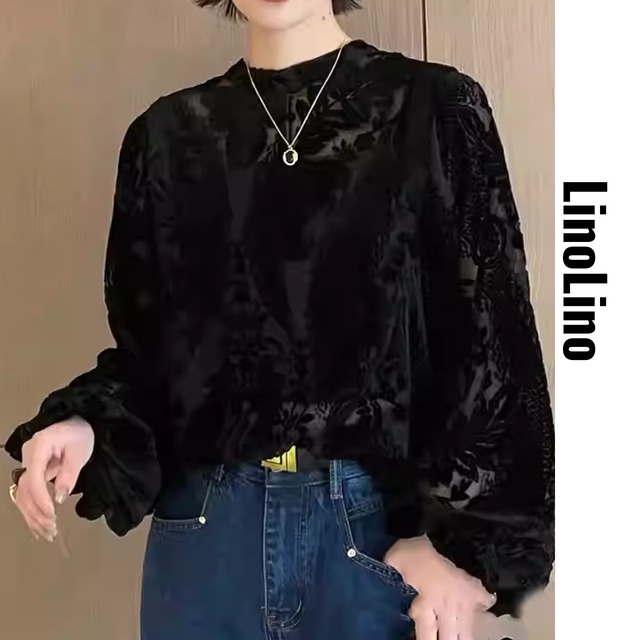 High Neck Velvet-like Blouse L00724