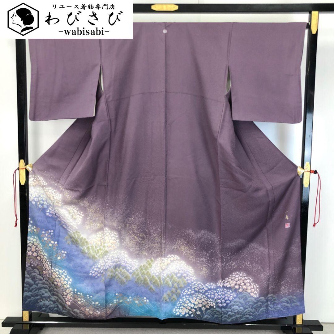 色留袖 作家物 堆朱箔 絹彩織 流水に花模様 暈し 金彩 利休鼠色 K-5813 色留袖 | リユース着物わびさび