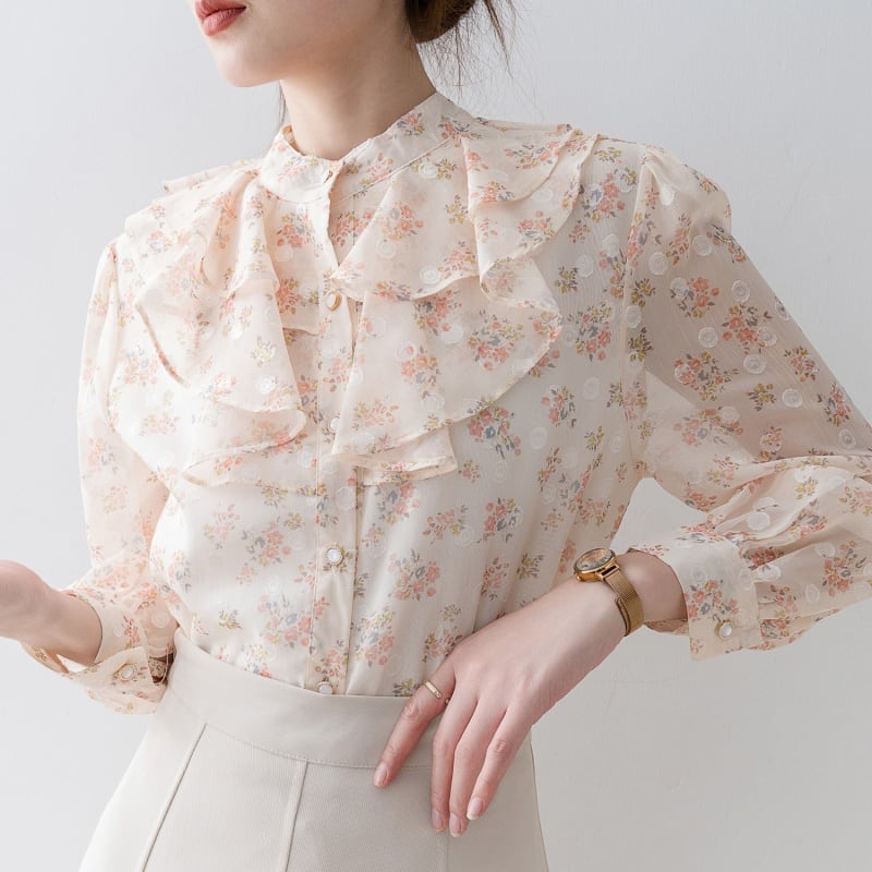 小花柄シフォンフリルブラウス Me0870