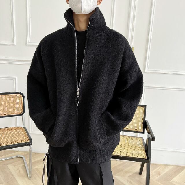 予約販売】ブルゾン アウター ジップアップ 無地 ニット ハイネック