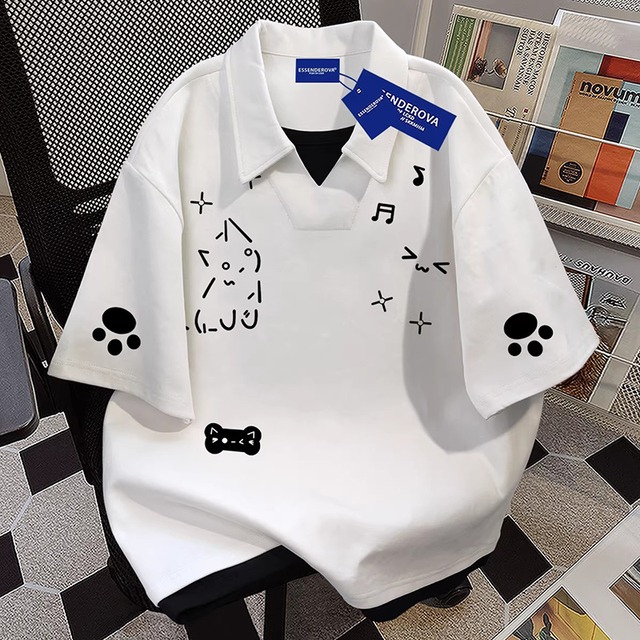 【WSシリーズ】★POLOシャツ★ 3color トップス ユニセックス メンズ 半袖 猫柄 犬柄 落書き フェイクレイヤード 白 灰