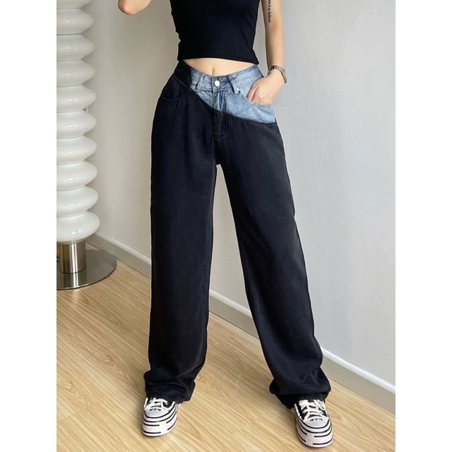 two tone waist wide denim pants la2607