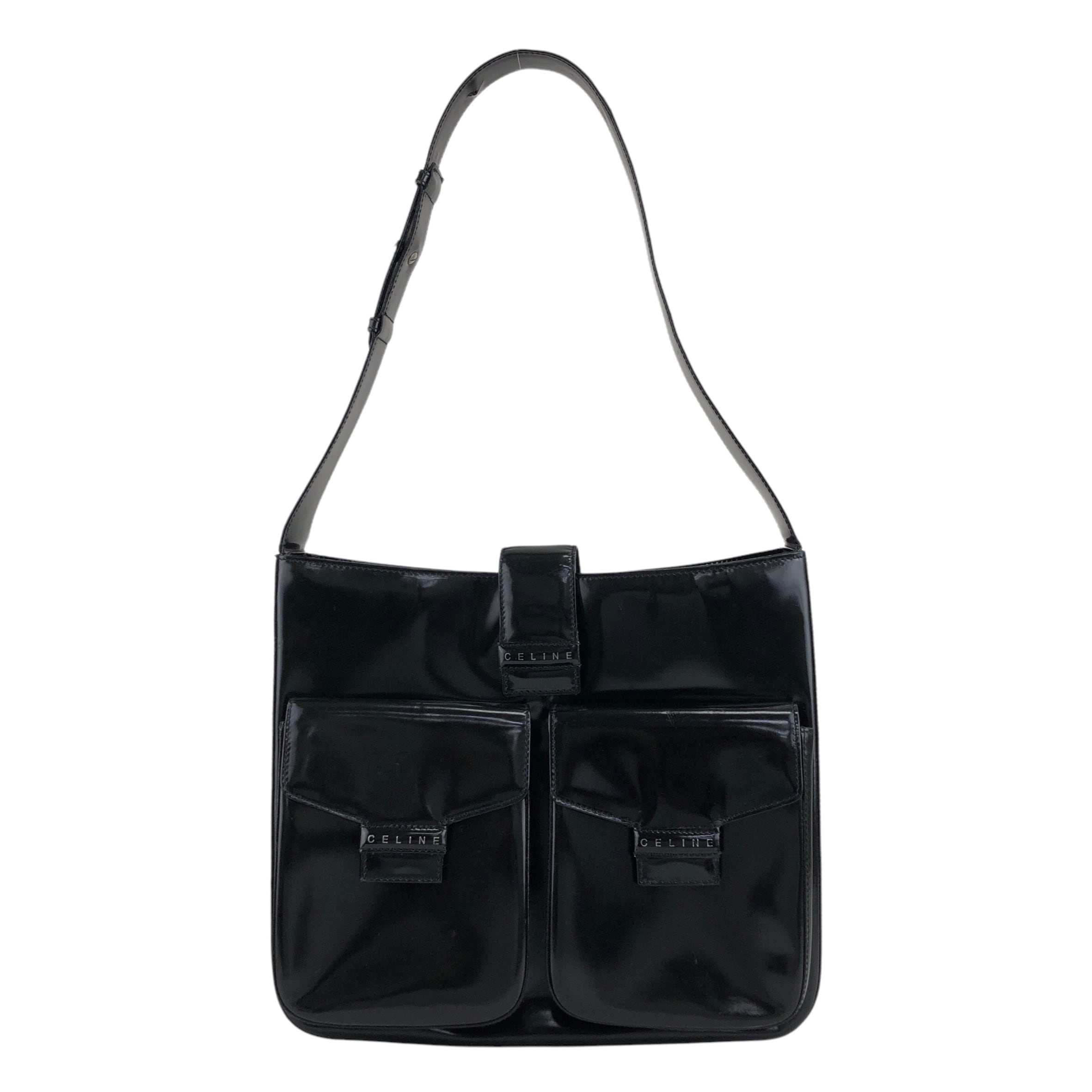 CELINE セリーヌ ショルダーバッグ ブラック ロゴ バックル エナメル