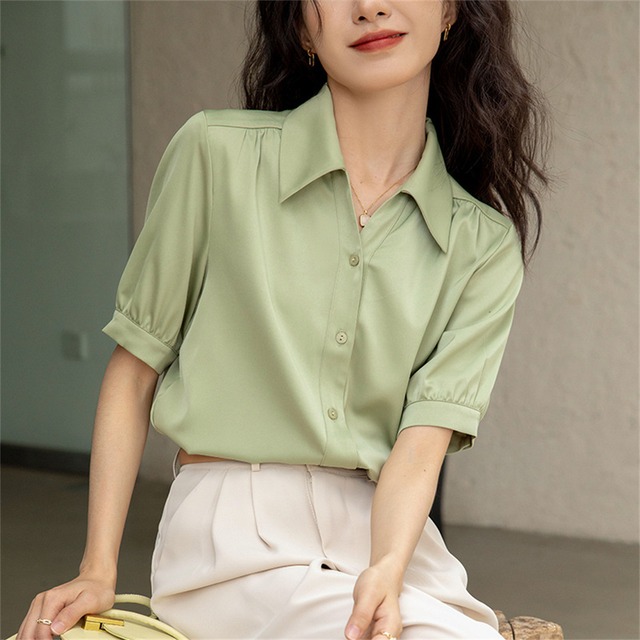 トップス ブラウス 7色展開 無地 OL/通勤 折り襟 S M L XL