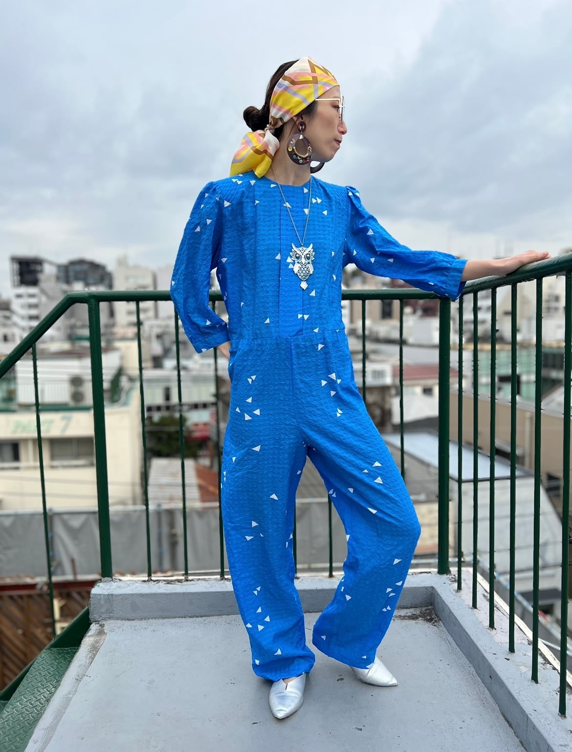 80s plantation ジャンプスーツ 80s blue × white triangle poly jumpsuits ( ヴィンテージ ブルー