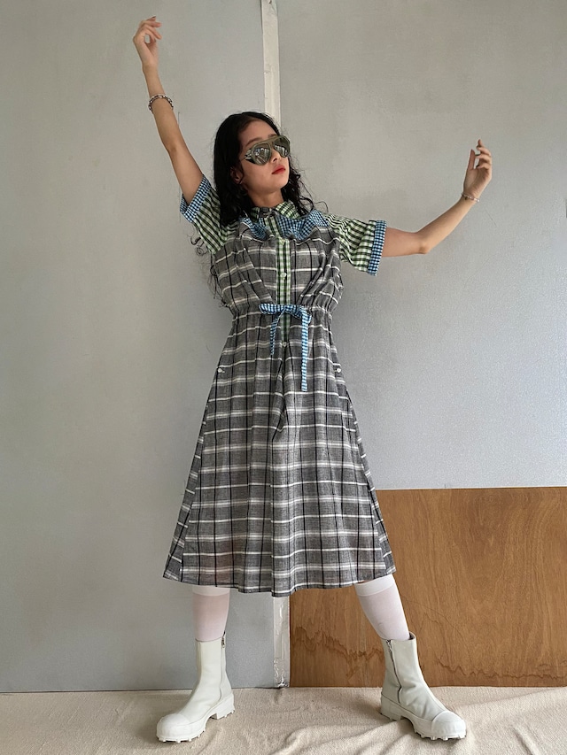 Like a vintage dress "green & black check"khadi cotton