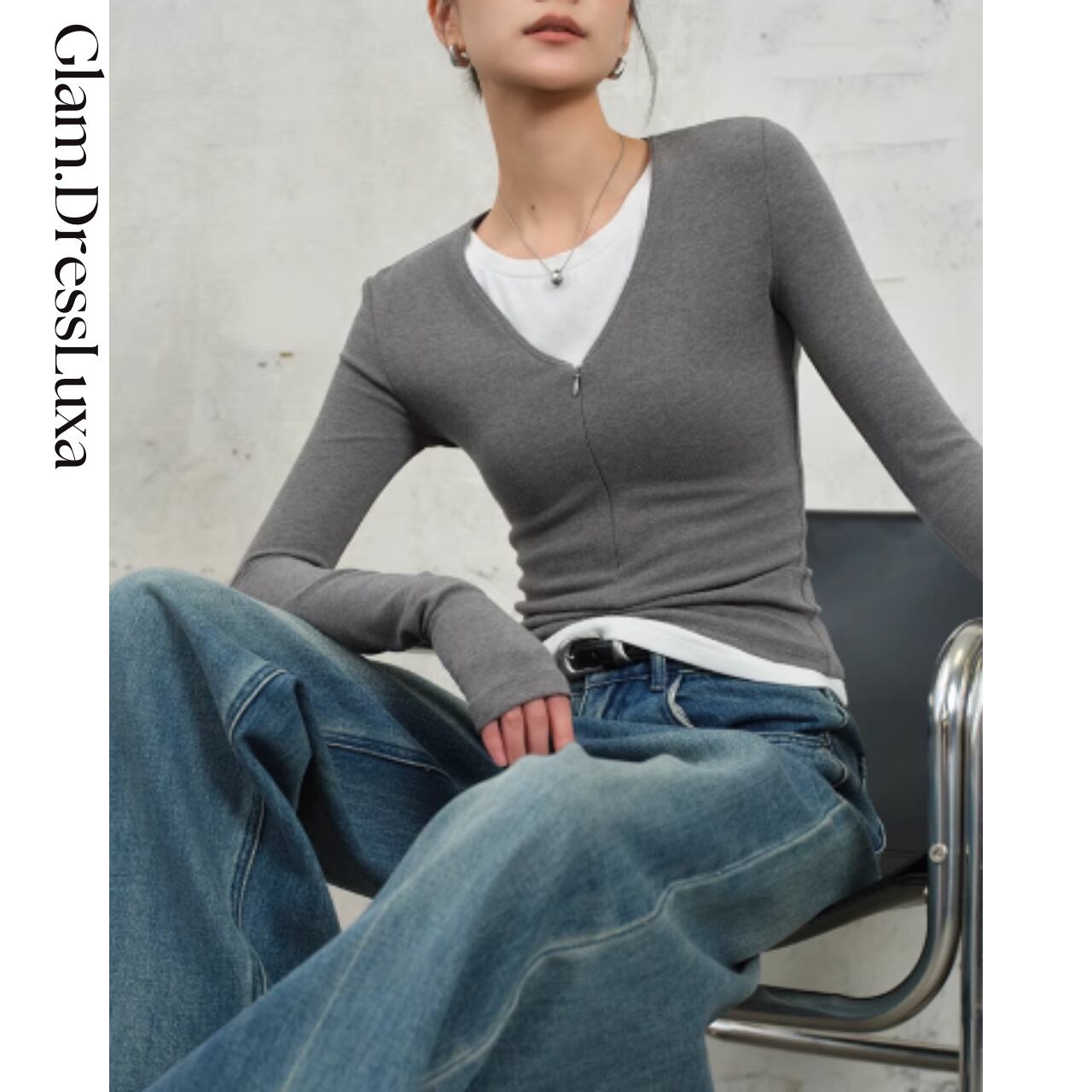 ジップVネック スリムニット/3color_T1325