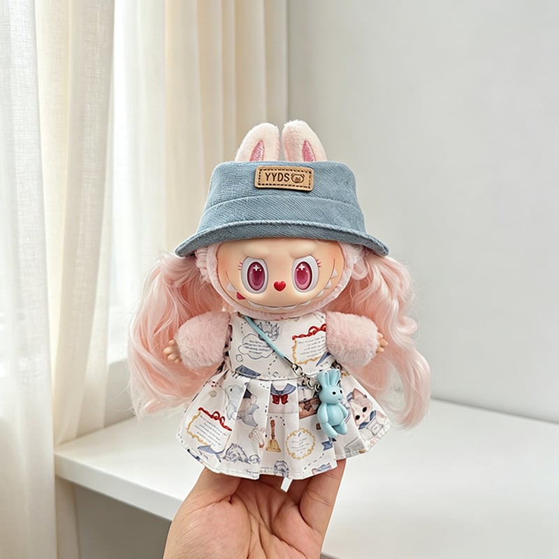 Labubu 1-3代用 かわいいプリントワンピース+ウサギチャーム+帽子