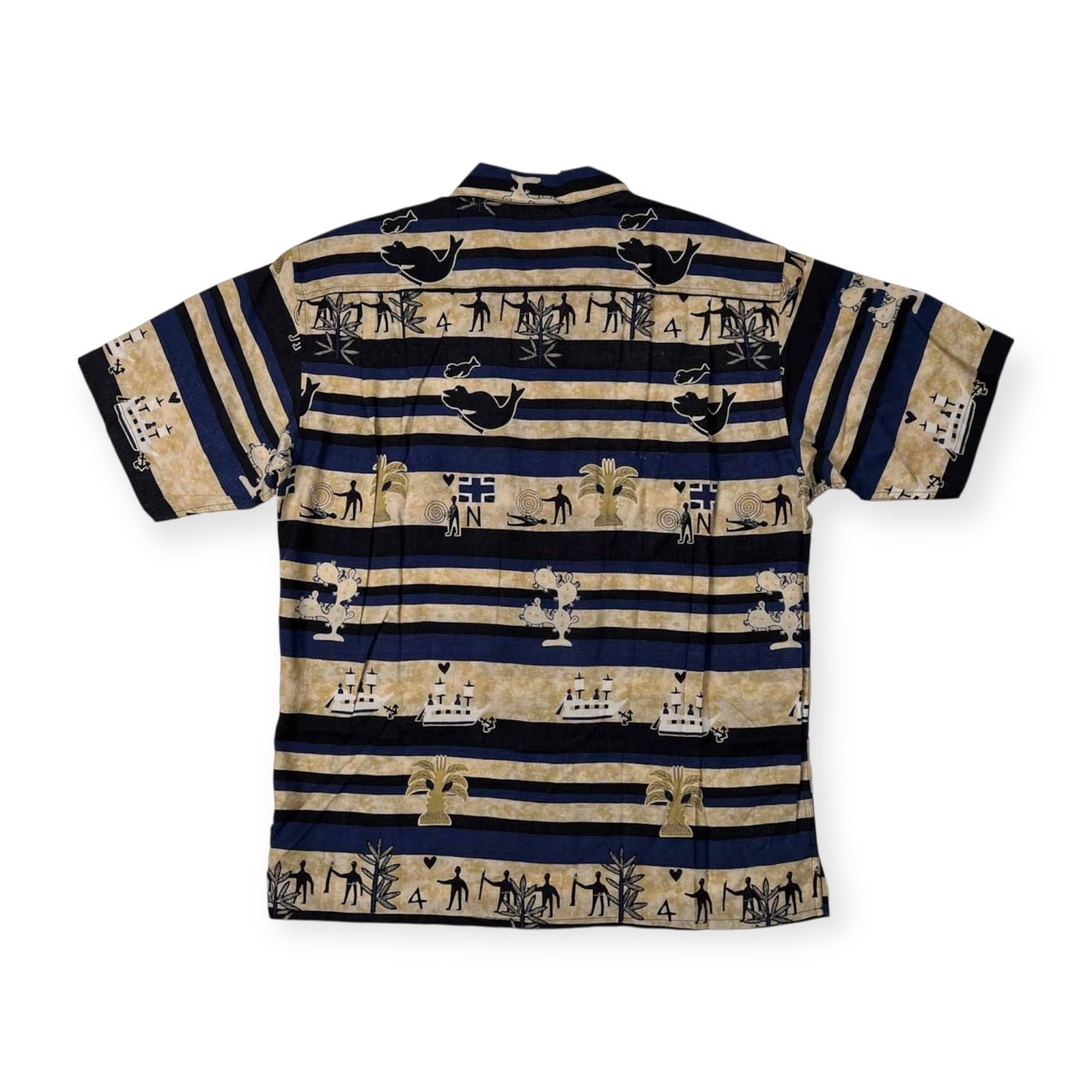 DOLCE ドルチェ 総柄 ボーダー柄 リネン混 レーヨン 半袖シャツ サイズ 16 /メンズ/麻混