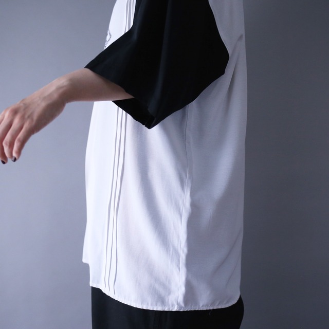 "刺繍" black×white good bi-color fry-front minimal mode h/s shirt