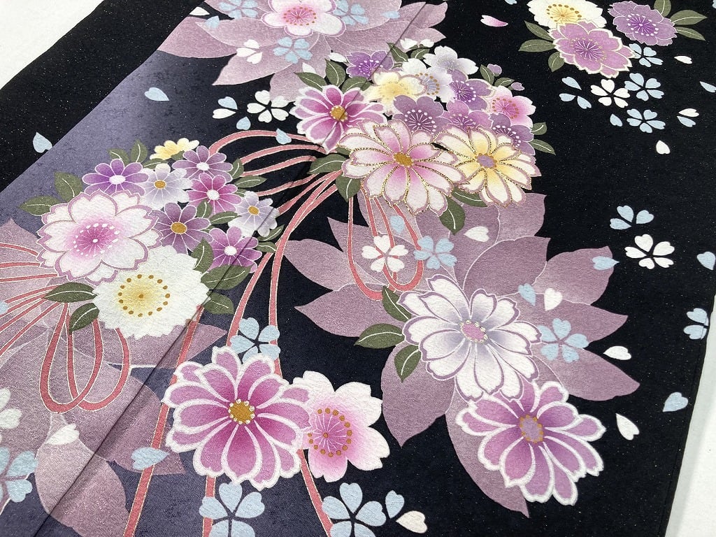 振袖 3点セット 金通し 金駒刺繍 袋帯 襦袢 花柄 桜 梅 菊 正絹 黒 白 