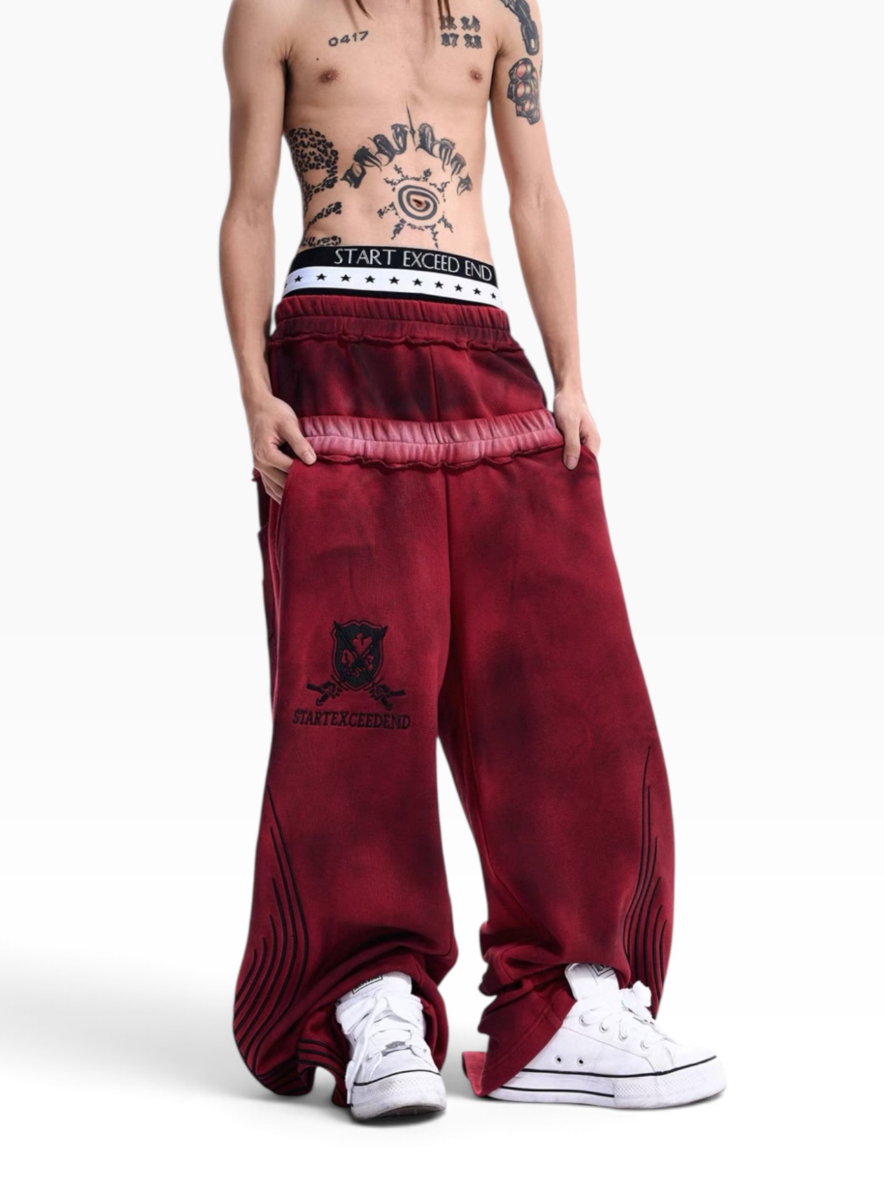 【STARTEXCEEDEND】DOUBLE WAIST EMBROIDERED WIDE LEG SWEATPANTS