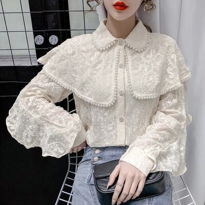 送料無料 女子力高め お嬢様レトロダブルパール襟ブラウス ガーリー いまっぽレトロ Lamitte Deco トレンド 韓国ファッション ショップ Base店