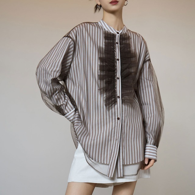 Striped mesh patchwork shirt S1840