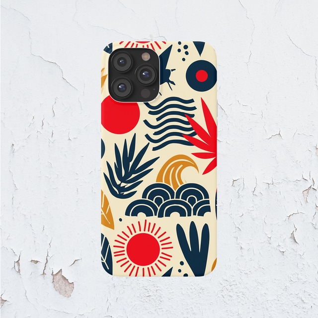 受注生産 iPhoneケース 赤い太陽と青い波の民芸柄｜太陽モチーフ FMSY108C