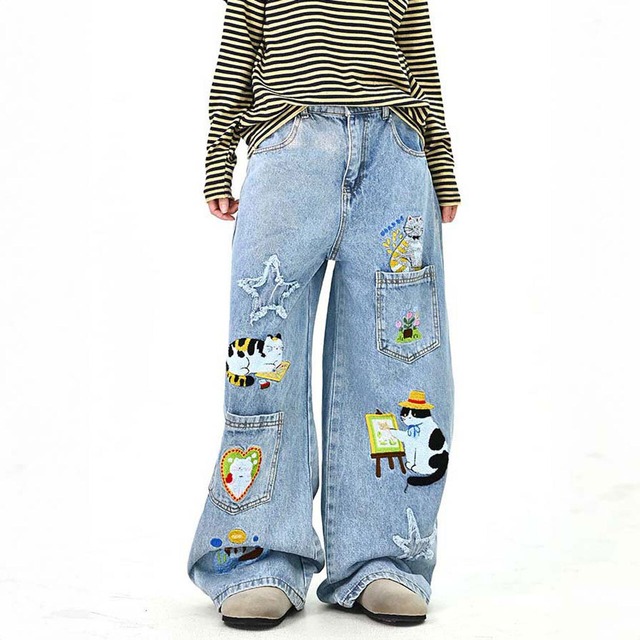 キャットアートエンブロイダリーデニムパンツ
1col R01651