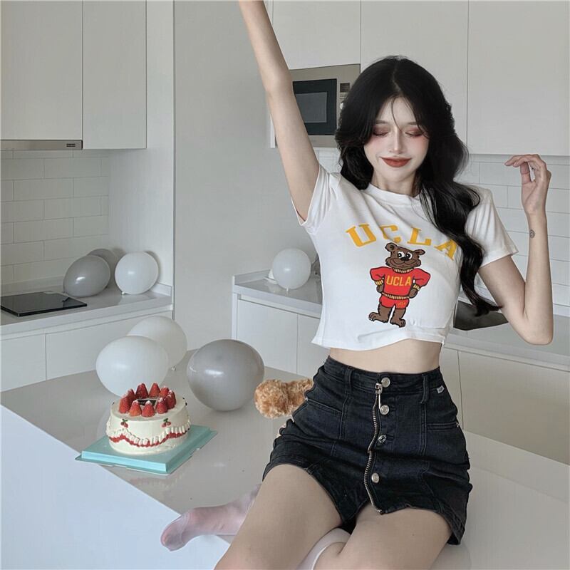 Tシャツ サマーホワイトハイウェストショート薄手トップス 夏物 ピュア ブラックストロベリース71029390481