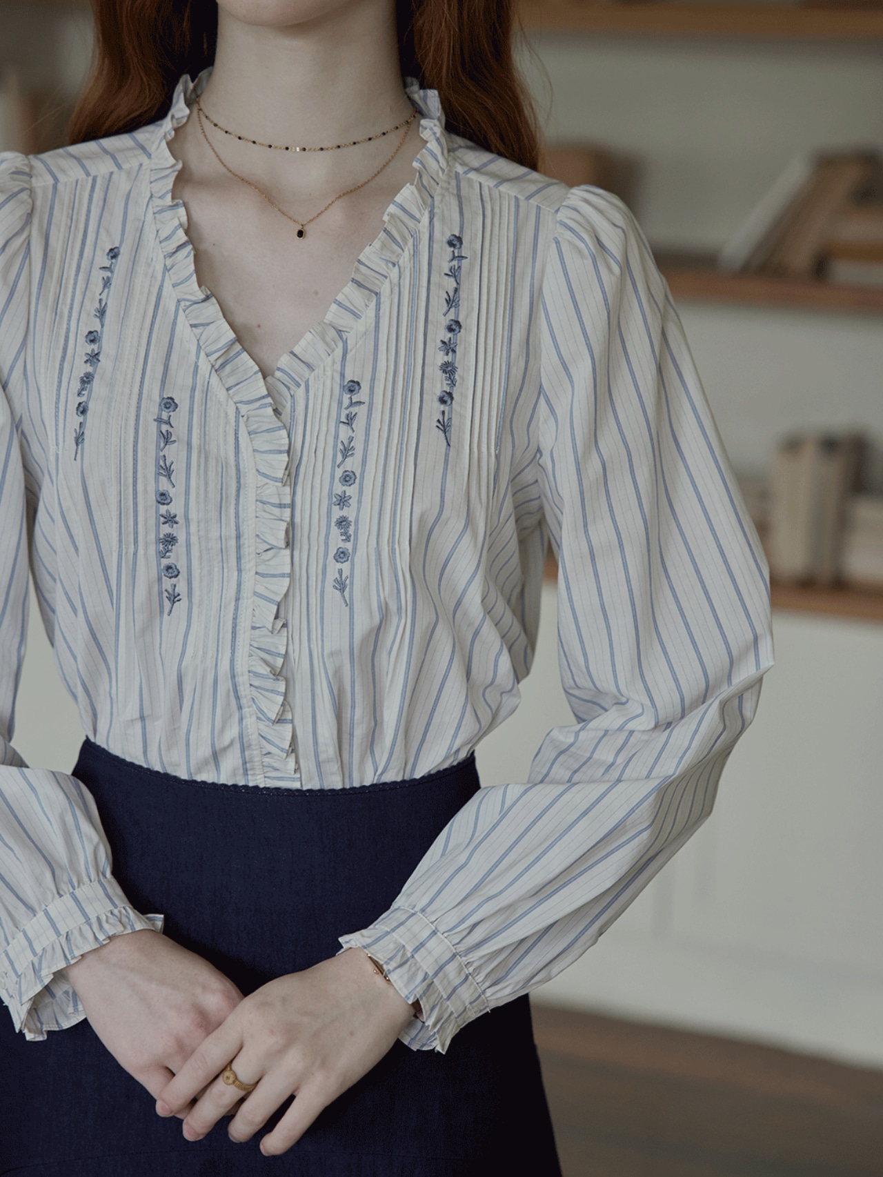 Poésie Bleue Embroidered Ruffle Blouse F0785
