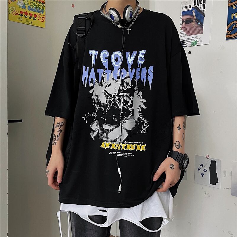 送料無料】KOREA サマーダークプリントルーズTシャツ レディース