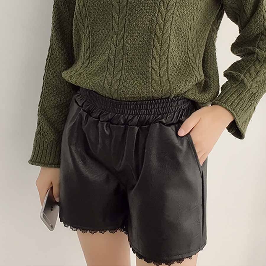 ショートパンツ レディース レース切り替え フェイクレザー ショート