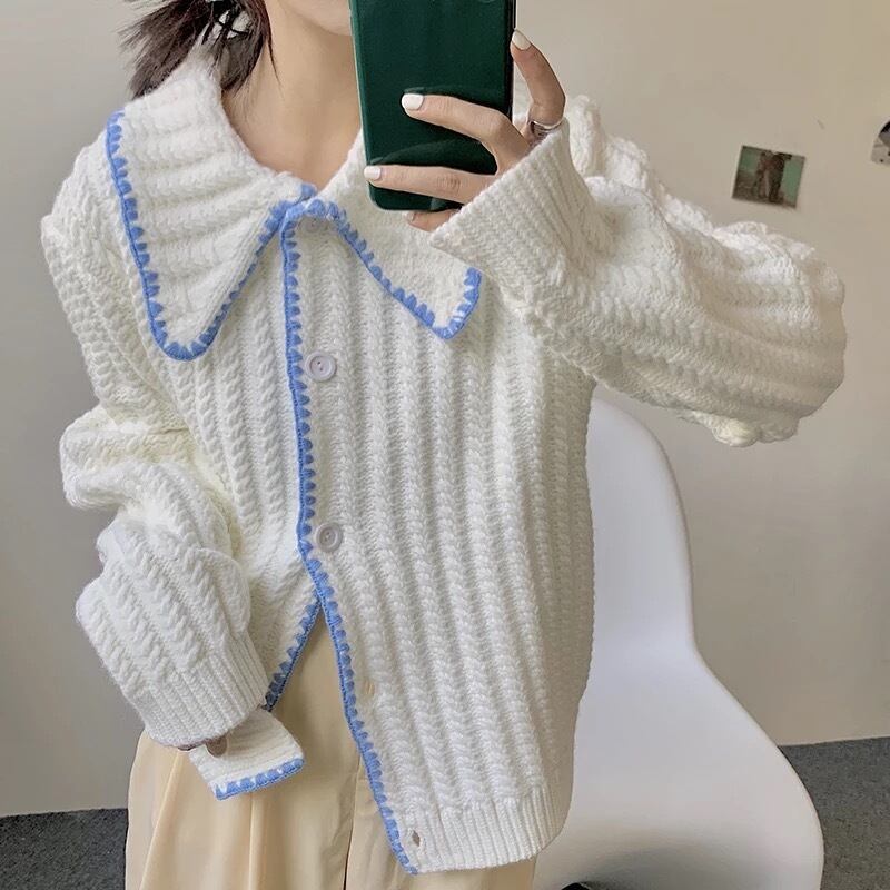 【受注】Stitch big collar knit cardigan （ステッチビッグカラー ...