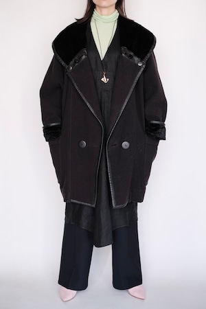 VINTAGE / 80s Vintage Big Shawl Collar Design Wool Coat