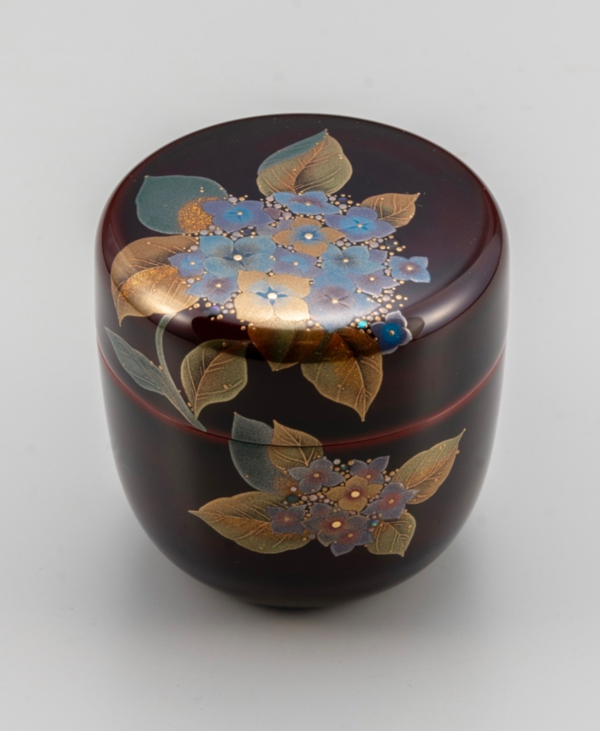 茶道具〉中棗黒色中村湖彩作紫陽花絵抹茶入れ茶器共箱共布あり