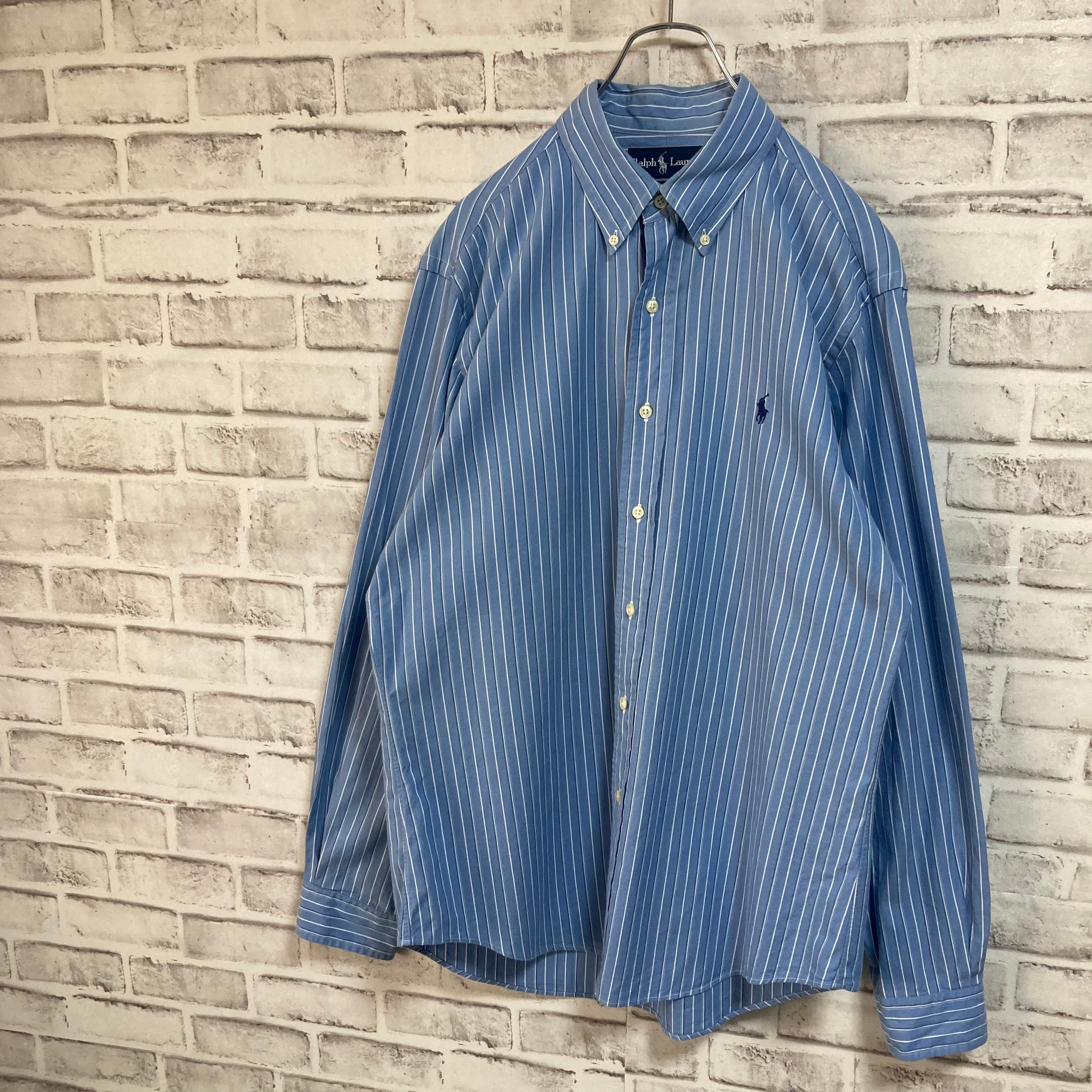 【Ralph Lauren】L/S Stripe BD Shirt L相当 90s ラルフローレン ストライプ BDシャツ ボタンダウン 長袖  ポニーロゴ 刺繍ロゴ 胸ロゴ USA アメリカ 古着