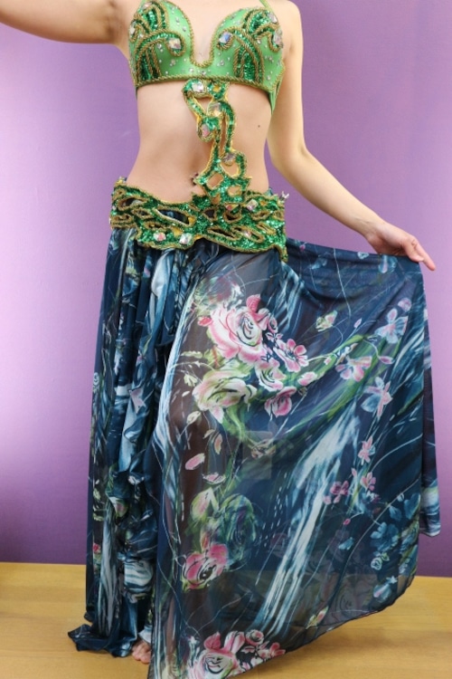 エジプト製 ベリーダンス衣装 ターキッシュスタイル 三点セット 緑花柄