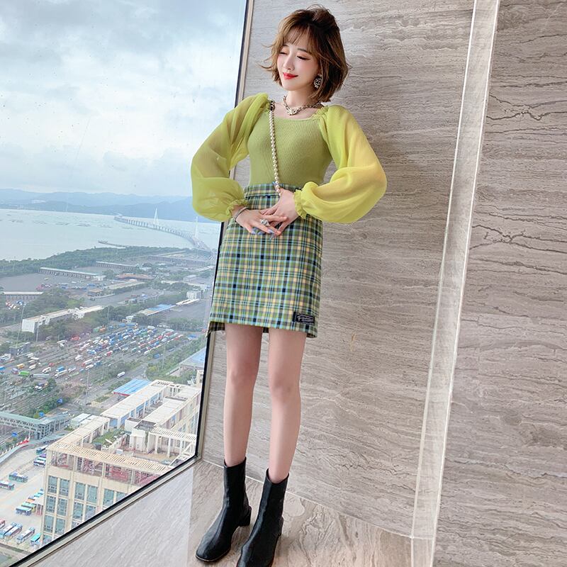 ニットスリーブトップス ハイウェストウェストスリム格子柄スカート オータム ランタンスリーブ 秋物 ステッチ MIUCO84392033726