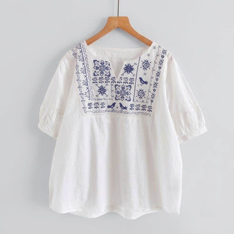 刺繍Vネック半袖パフスリーブトップス M2468