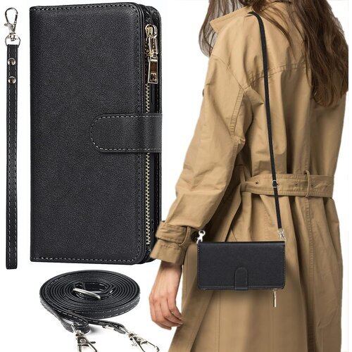 AQUOS Sense3 ケース 手帳型 ショルダー Android One S7 ワイモバイル ケース センス3 ライト アンドロイド ワン S7 対応 手帳 カバー 適用 case iCoverCase ストラップホール付き カード収納 バッグ マグネット 留め具 肩がけ 首掛け 斜め掛け カードケース ファスナー型 ストラップ付き カバー ショルダーケース ストラップケース カード入れ スマホケース 携帯カバー ブラック 1765