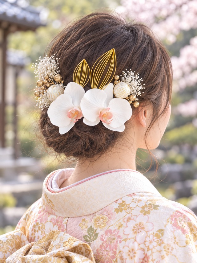 ホワイトピンク胡蝶蘭と白いかすみ草の髪飾り