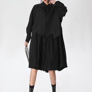 BLACK FAKE-2-PIECE DESIGN MIDI SHIRT DRESS 1color M-14683
