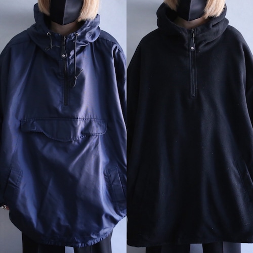 "reversible" fleece×nylon over size anorak parka