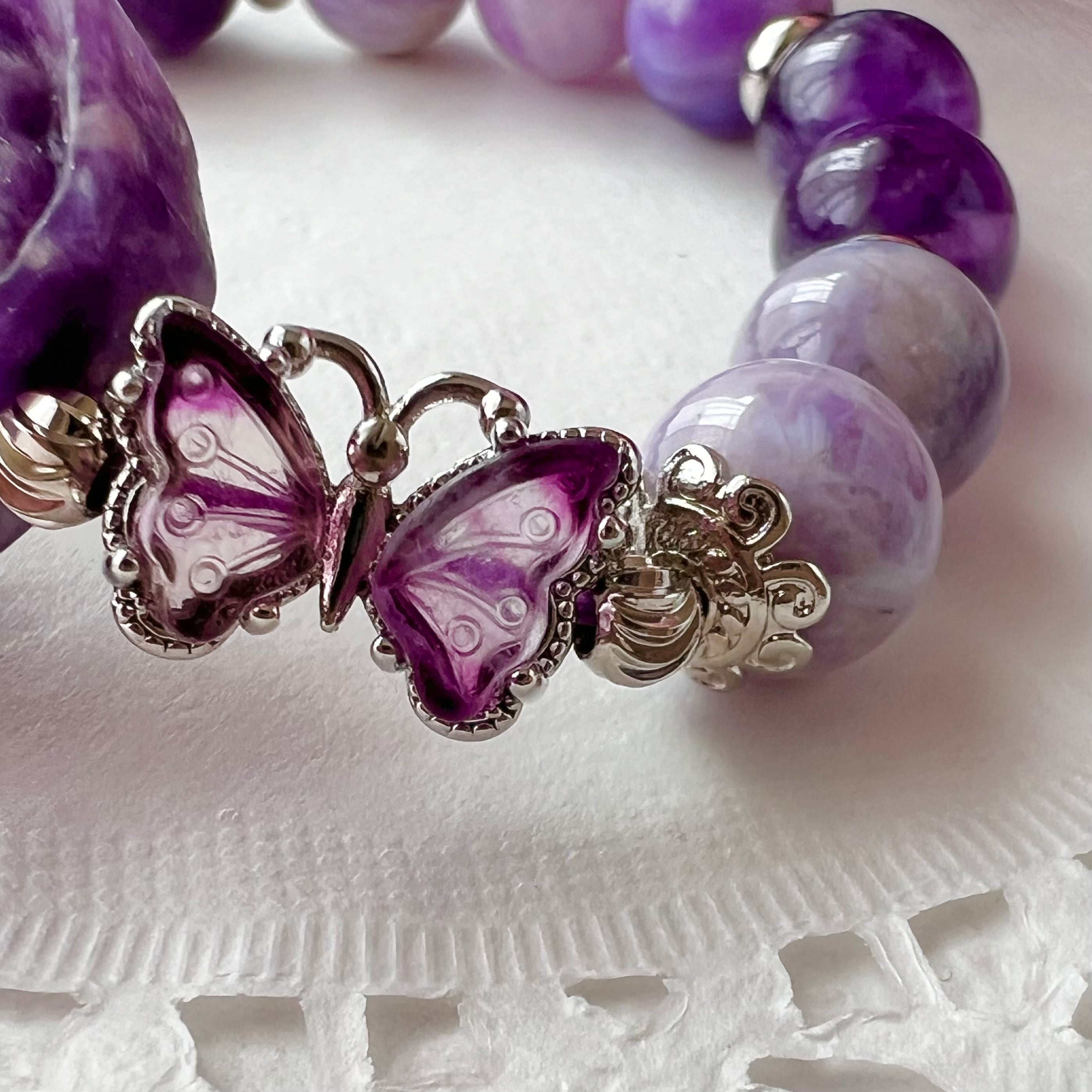 レピドライト×薔薇蝶々彫り アメジスト 天然石 パワーストーンブレスレット レピドライト×ディープ ローズクォーツ アメジスト ラブラド 天然石 蝶々