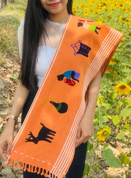 ミャンマー伝統 チン民族模様 コットンショール 緑　– 刺繍入り大判ストール・春秋冬のおしゃれエスニックファッション・通気性抜群・柔らか肌触り・テーブルクロスやインテリアにも◎・レディースギフトに最適 送料無料の商品画像3